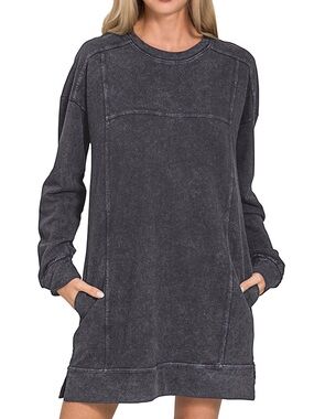 French Terry Acid Washed Dress with Pockets in Black